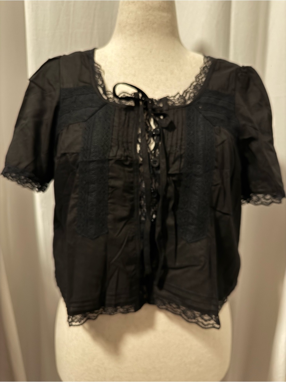 NWT Black Lace Button Front Blouse M Victorian Coquette Puff Sleeve Whimsigoth